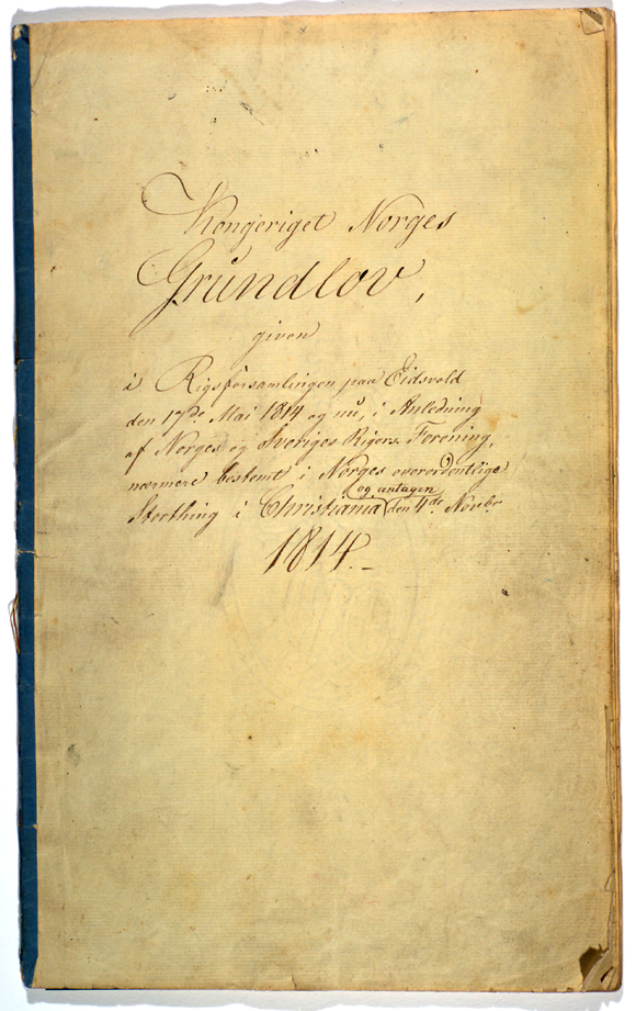 Norges grunnlov av 4. november 1814, forsiden. Stortingsarkivet, nr. 3 i Stortingets Indre arkiv.